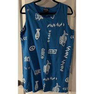EXIST SPORTS LINE WOMENS LARGE SLEEVELESS TANK BLUE MINI DRESS FISHES OUTDOORS